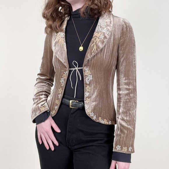 Vintage Tan Velvet Blazer with Floral Details - Picture 1 of 9